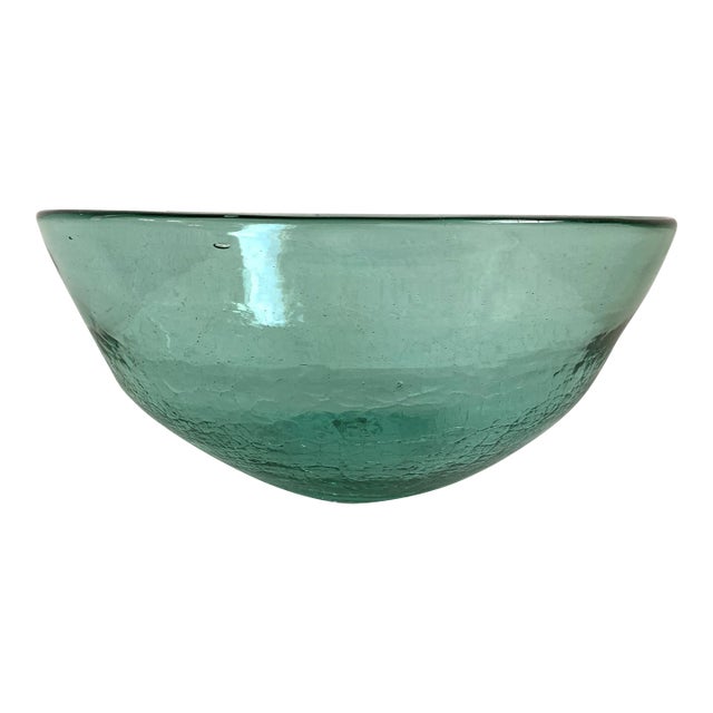 Late 20th Century Tropical Turquoise Blown Crackled Glass Handmade Bowl For Sale