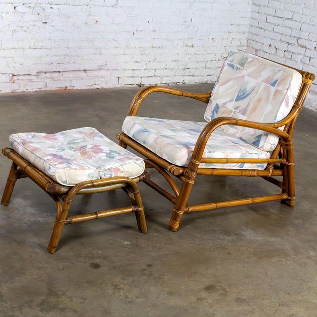 Calif-asia Mid-20th Century Tropical or Coastal Style Rattan Lounge Chair and Ottoman Set by Calif Asia For Sale - Image 4 of 18