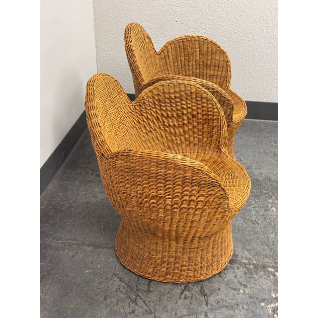 Brown Floral Vintage Boho Style Wicker Lounge Chairs, Pair For Sale - Image 8 of 12