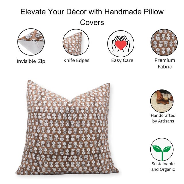 Fabdivine Handcrafted Block Print Cushion Cover 18x18 Inch Thick Cotton White-Tulsi Buti For Sale - Image 4 of 4