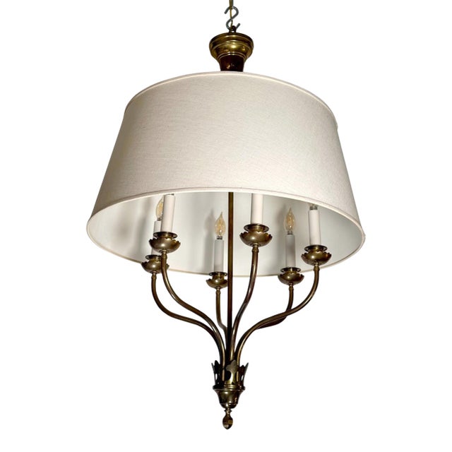 Mid 20th Century Restored Six Arm Brass Drum Shade Chandelier For Sale