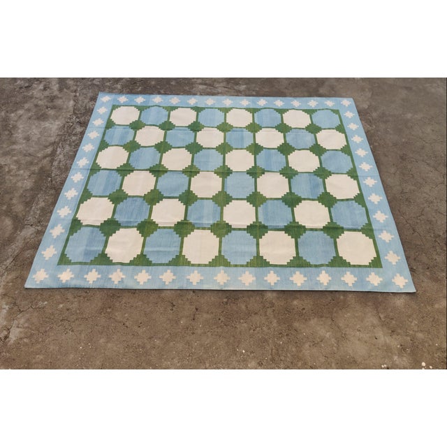 Handmade Woolen Flat Weave Swedish Pattern Sky Blue and Forest Green Area Rug - 9'x14' For Sale - Image 11 of 17