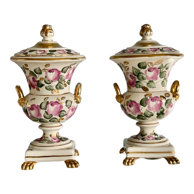 Vintage Italian Charleston Line Porcelain Lidded Lamp W/Roses - a Pair For Sale