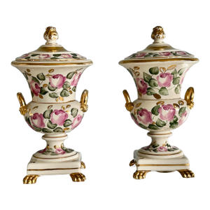 Vintage Italian Charleston Line Porcelain Lidded Lamp W/Roses - a Pair