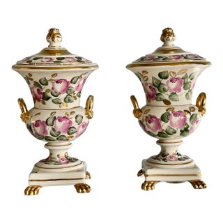 Vtg. Pair of Italian Charleston Line Porcelain Lidded Lamp W/Roses For Sale