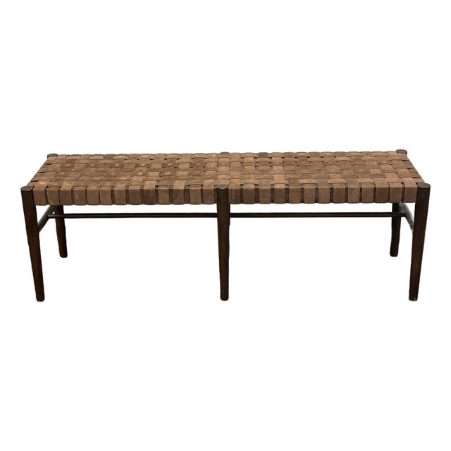 Pottery Barn Skylar Woven Leather Bench For Sale