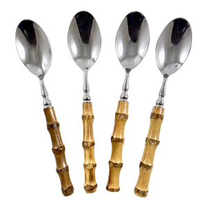 French Natural Bamboo Handled Large Spoons, Hand Crafted, S/4