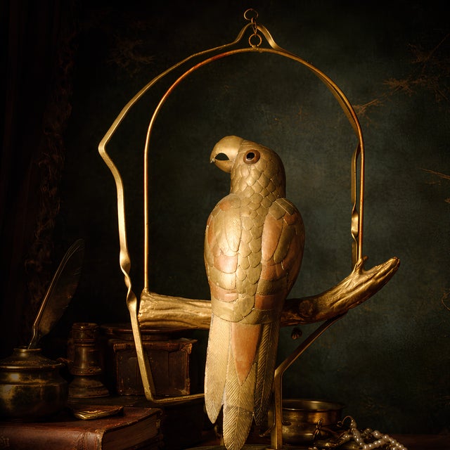 1970s Vintage Brass & Copper Parrot on Perch With Stand & Hoop, Attributed to S. Bustamonte For Sale - Image 5 of 10