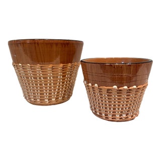 Vintage Italian Ceramic Basket Weave Terracotta PLANTERS-set of 2 For Sale