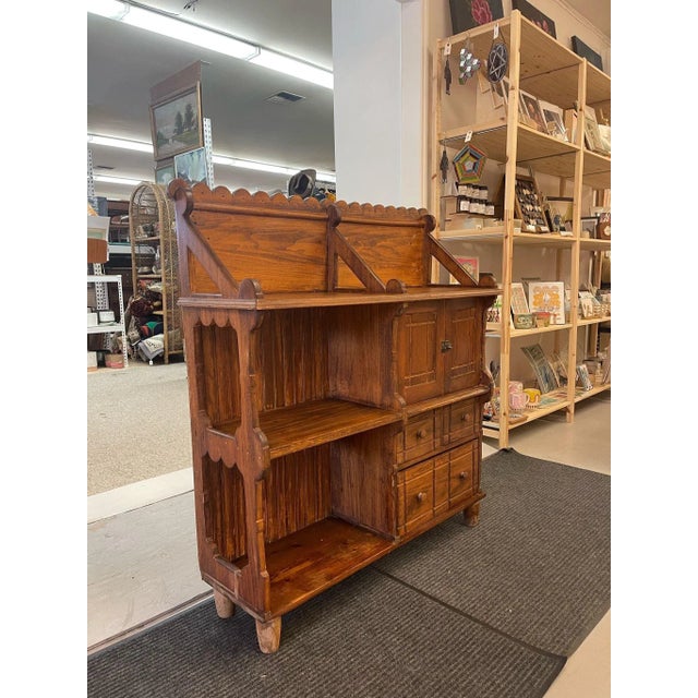 Arts & Crafts 1970s Vintage Primitive Arts and Craft Style Carved Wood Bookshelf and Storage Cabinet For Sale - Image 3 of 10