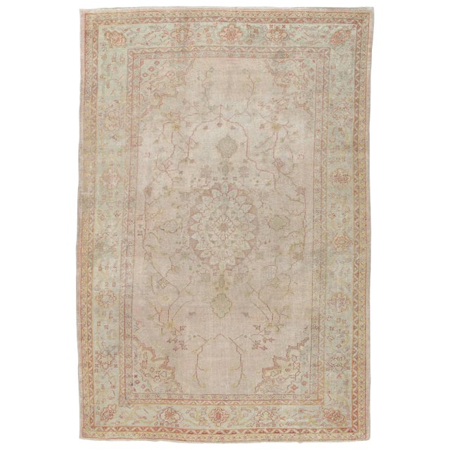 Antique Oushak Carpet, Handmade Oriental Rug, Shrimp Pink, Taupe, Cream Fine Rug For Sale - Image 13 of 13