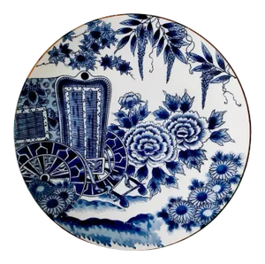 Vintage Chinoiserie Japanese Arita Ware White and Blue Porcelain Charger / Wall Plate Rickshaw Japan