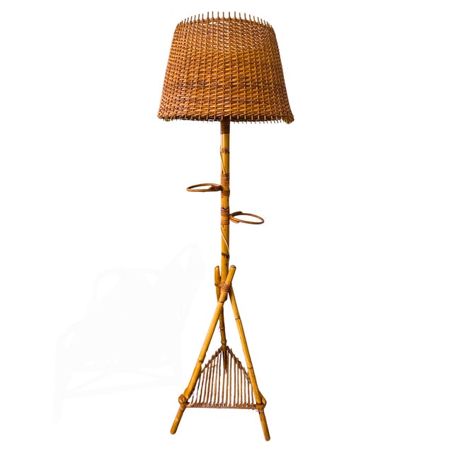 1960s Vintage French Riviera Rattan Floor Lamp with Woven Shade in the style of Audoux-Minet, 1960 For Sale - Image 5 of 5