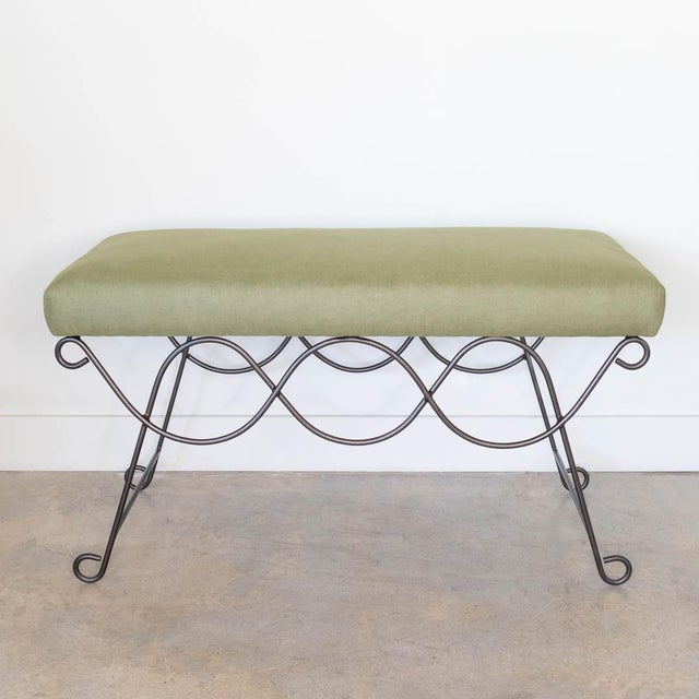 Metal Iron Double Loop Bench, Green Linen For Sale - Image 7 of 8