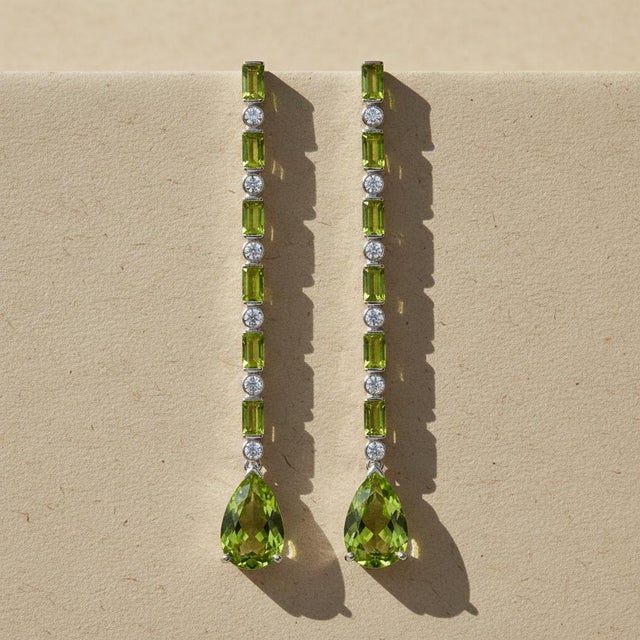 Peridot and Colorless Topaz Long Drop Earrings studs. Art Deco Inspired Peridot and Colorless Topaz Long Earrings....