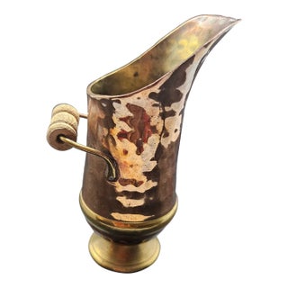 Vintage Small Brass/Copper Pitcher/Match Holder - Ccac - India With Wooden Handle For Sale
