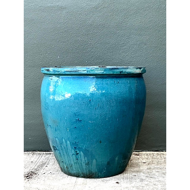 Cerulean Vintage Blue Glazed Ceramic Planter For Sale - Image 8 of 12