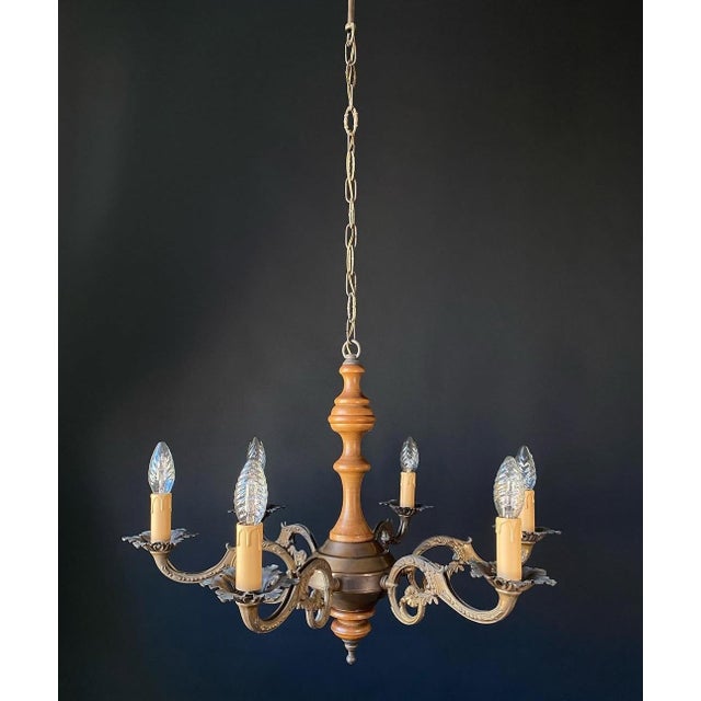 Italian Chandelier in Wood and Brass, 1950s For Sale - Image 9 of 10