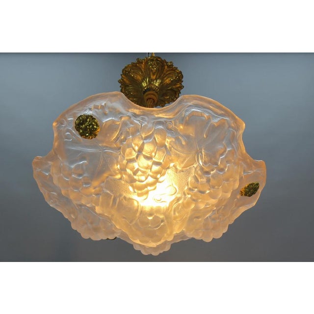 French Light Pink Frosted Glass Pendant Light with Grapes Vines by Verdun, 1930s For Sale - Image 3 of 18
