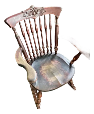 Antique Victorian Folk Art Face Crest Rocking Chair, Solid Wood Armchair, Late 19th Century Greenman
