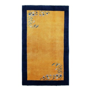 Vintage Chinese Deco Style Rug in Gold Open Field, Blue Border, Floral Patterns For Sale