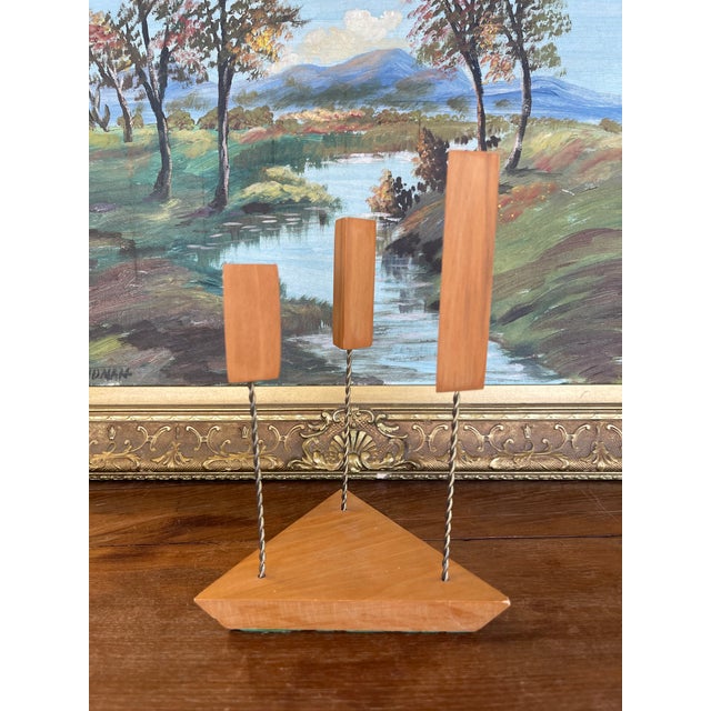 Wood Mid-Century Modern Possibly Teak and Twisted Metal Triple Candle Holder With Geometric Base For Sale - Image 7 of 10