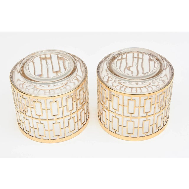 Vintage Imperial Glass Ice Buckets With 22 Carat Gold Plated Trellis Shoji Greek Key Overlay For Sale - Image 12 of 13