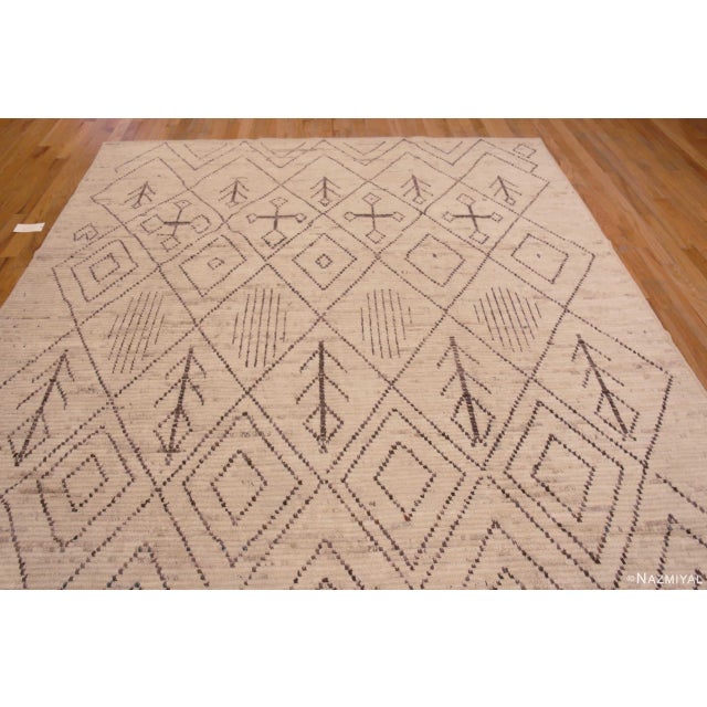 Modern Nazmiyal Collection Modern Ivory Cream Tribal Geometric Moroccan Beni Ourain Design Rug For Sale - Image 3 of 9