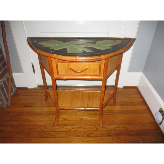 This is a Gorgeous! Vintage French Art Nouveau Style Bamboo Table with Drawer with a Beautiful Hand Painted Top that has a...