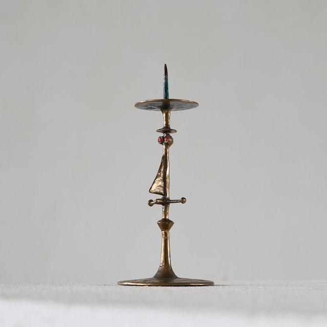 Zoltán Pap Anthropomorphic Brutalist Candle Holder in Bronze and Enamel, Hungary, 1970s. A whimsical and very well made...