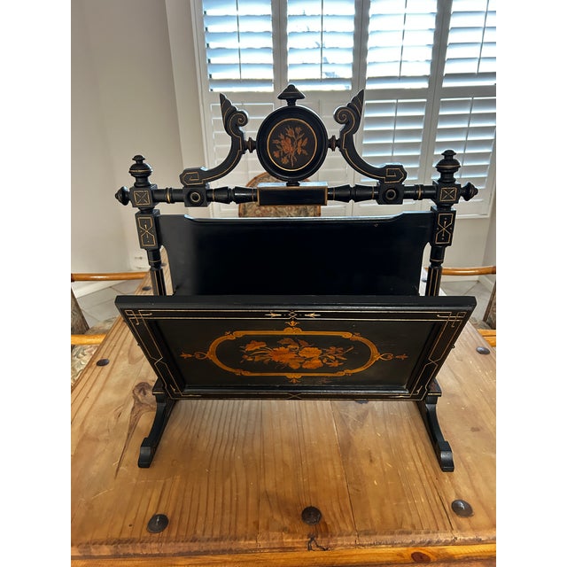 Eastlake Victorian style portfolio or magazine stand from late 19th C Europe. Ebonized wood, gilt accents, hand painted...