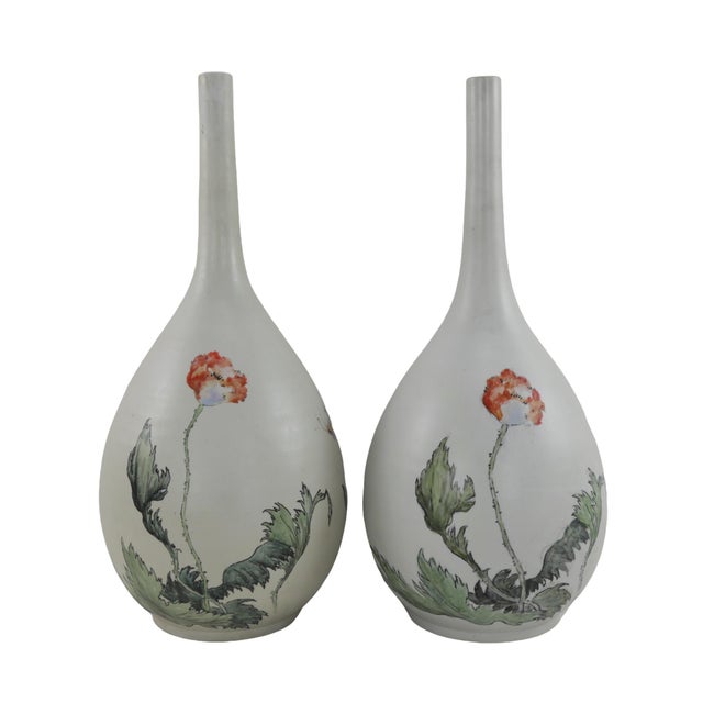 Pair Vintage Porcelain With Hand Painted Flowers Motif Vase For Sale - Image 11 of 11