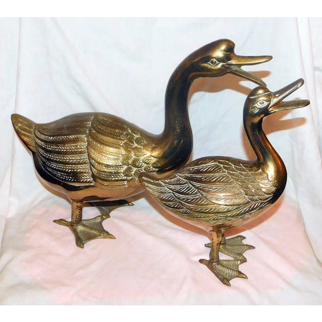 Pair of mid-twentieth century brass ducks. Larger measures 10.5" x 14" x 4.5". Smaller measures 9.5" x 8" x 3.5"