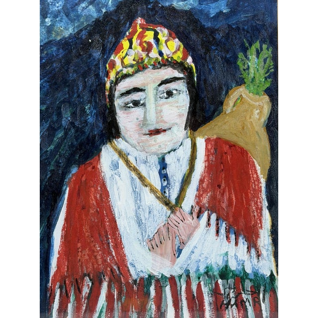 1970s Mohamed Hamri Moroccan Modernist Portrait of Woman, Oil & Gouache Painting For Sale In Los Angeles - Image 6 of 18