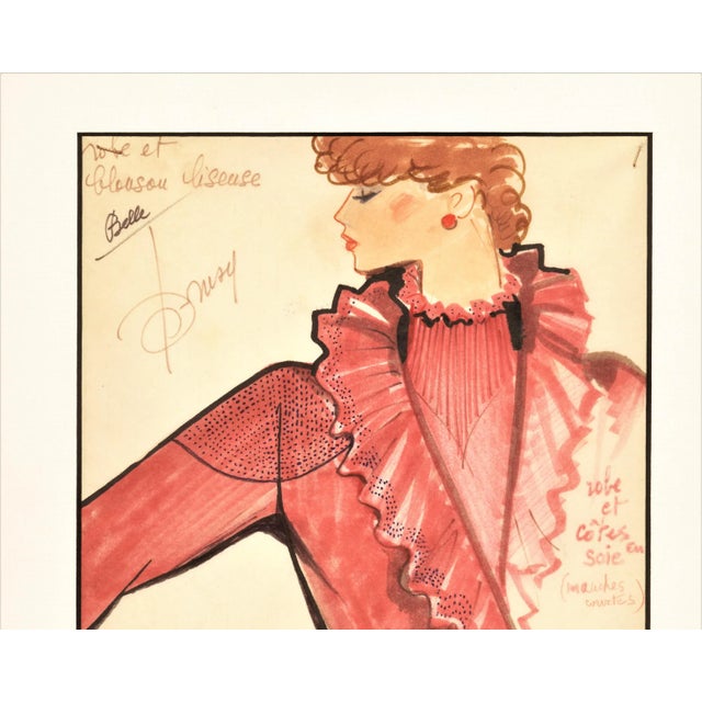 This is an original watercolor 1980s fashion design from a French designer, Drusy Passerini. Drusy was a “stylist...