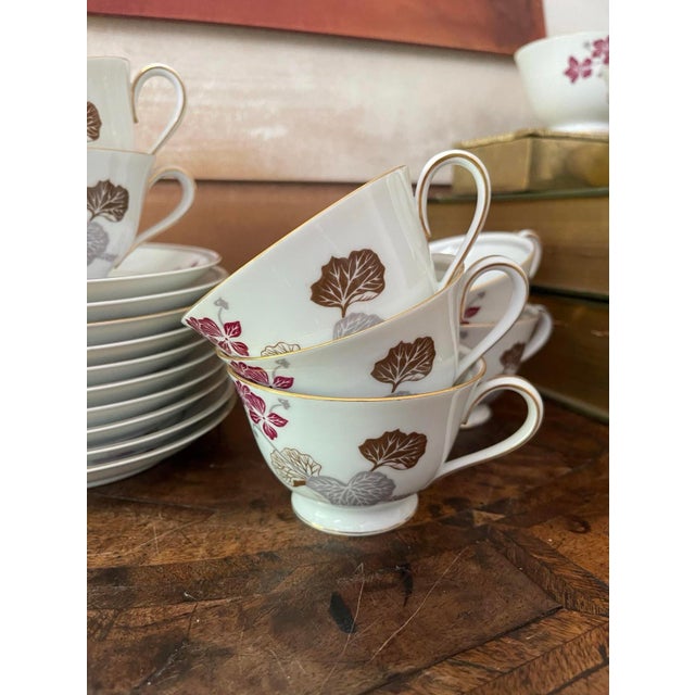 Noritake Vintage Noritake Geranium Burgundy and Gray Teacups and Saucers - Set of Nine (9) For Sale - Image 4 of 9