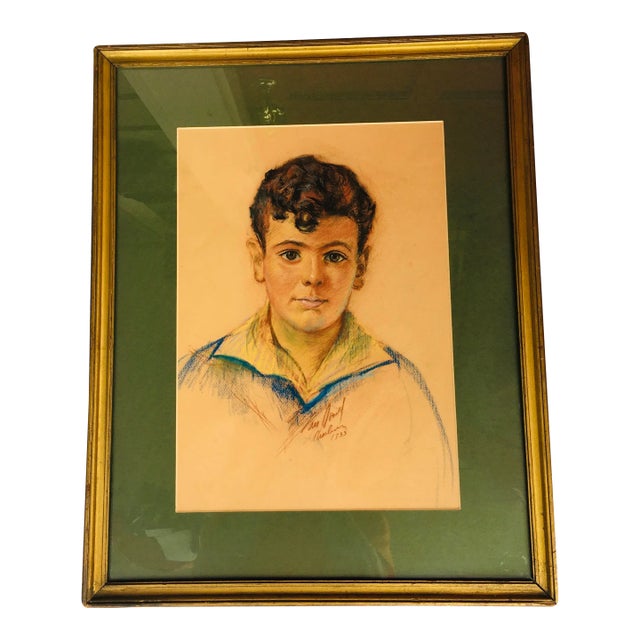 1930s Art Deco Period Young Man’s Portrait Pastel Drawing, Framed For Sale