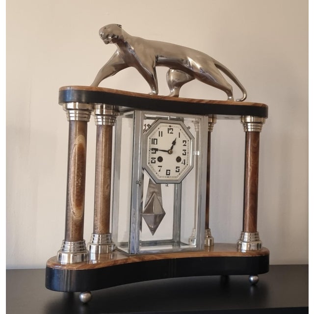 1930s Art Deco Cubist Clock with Bronze Panther and Lamps from Decoux, 1930s, Set of 3 For Sale - Image 5 of 11