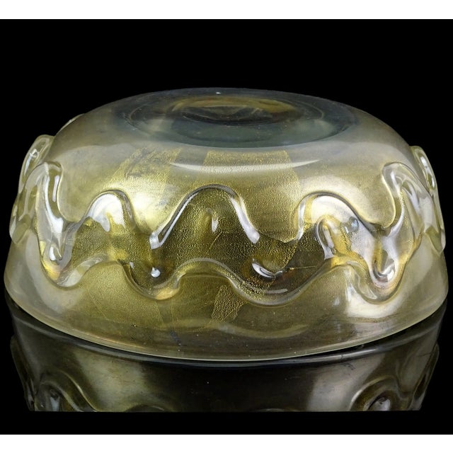 Vintage Murano Seguso Vetri d'Arte Flavio Poli Gold Flecks Iridescent Italian Art Glass Wave Design Bowl For Sale - Image 10 of 12
