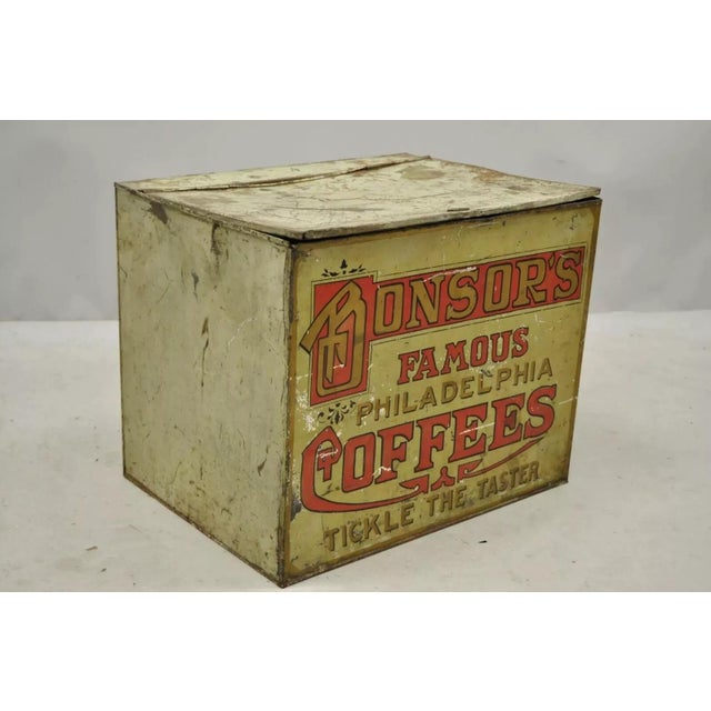 Arts & Crafts Late 19th Century Bonsor's Famous Philadelphia Coffee Tin Metal Storage Bin Tickle the Taster For Sale - Image 3 of 12