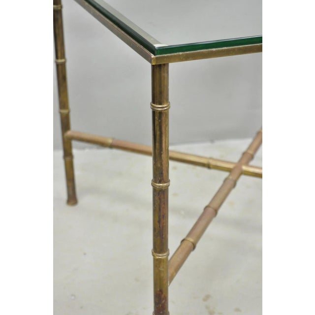Vintage Hollywood Regency Brass Faux Bamboo Square Glass Top Low Side Table For Sale - Image 9 of 15