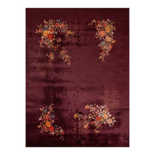 1920s Red Wine Floral Antique Chinese Art Deco Rug 8'8" X 11'4" Knotted Pile Wool Carpet For Sale
