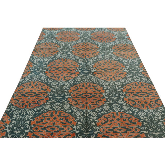 1950s Vintage Hereke Rug in Teal With Orange Arabesque Medallions | Rug & Kilim For Sale - Image 5 of 8