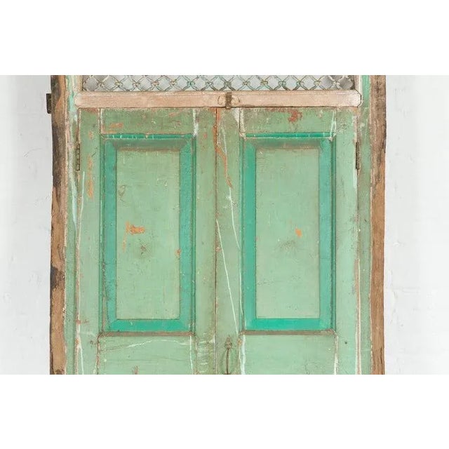 Wood 1900s Indian Wood & Grate Window with Green Paint & Distressed Patina For Sale - Image 7 of 13