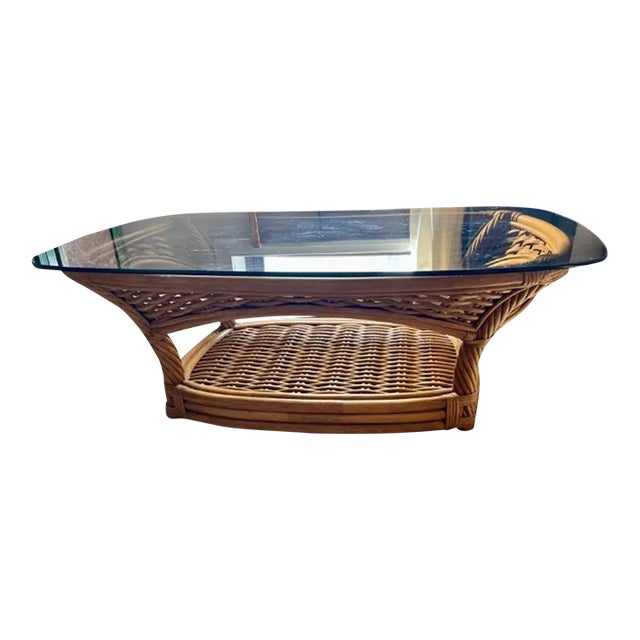 1950s Vintage Bamboo Deco Bent Wood Smokey Glass Top Coffee Table For Sale