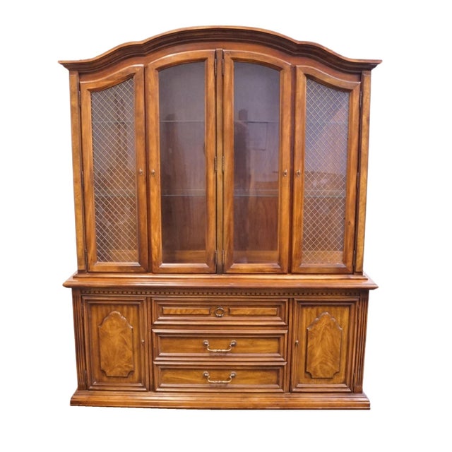 Mediterranean Stanley Furniture Solid Walnut Italian Provincial 66" Buffet W. Lighted Display China Cabinet W. Grilled Doors 8311-04 For Sale - Image 3 of 15