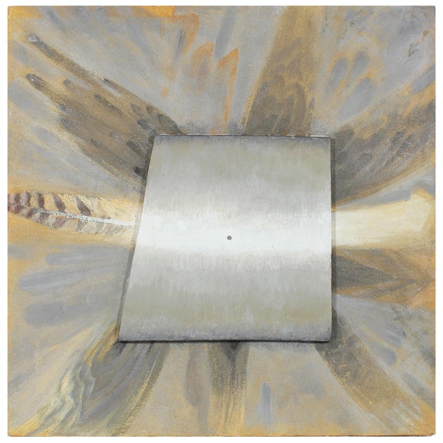 Hugh Wiley Mixed Media Metallic Sculptural Painting on Wood in Orange Grey and Silver, 2002 2002 For Sale