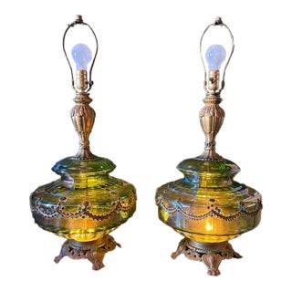 Pair of Vintage Green Iridescent Glass Hollywood Regency Table Lamps, in the Manner of Carl Falkenstein For Sale