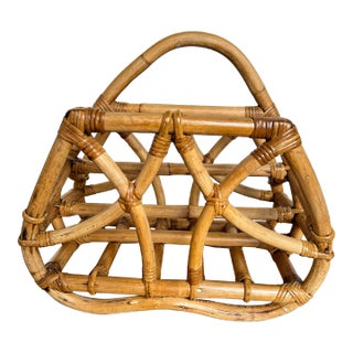 1960s Calif-Asia Rattan Bamboo Chinese Chippendale Magazine Rack For Sale