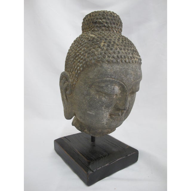 19th Century Antique Thai Carved Stone Ayutthaya Style Buddha Head Sculpture on Stand For Sale - Image 5 of 10